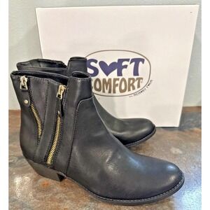 NIB Soft Comfort Heartbreaker Womens 9M Black Leather Dual Zip Ankle Boots